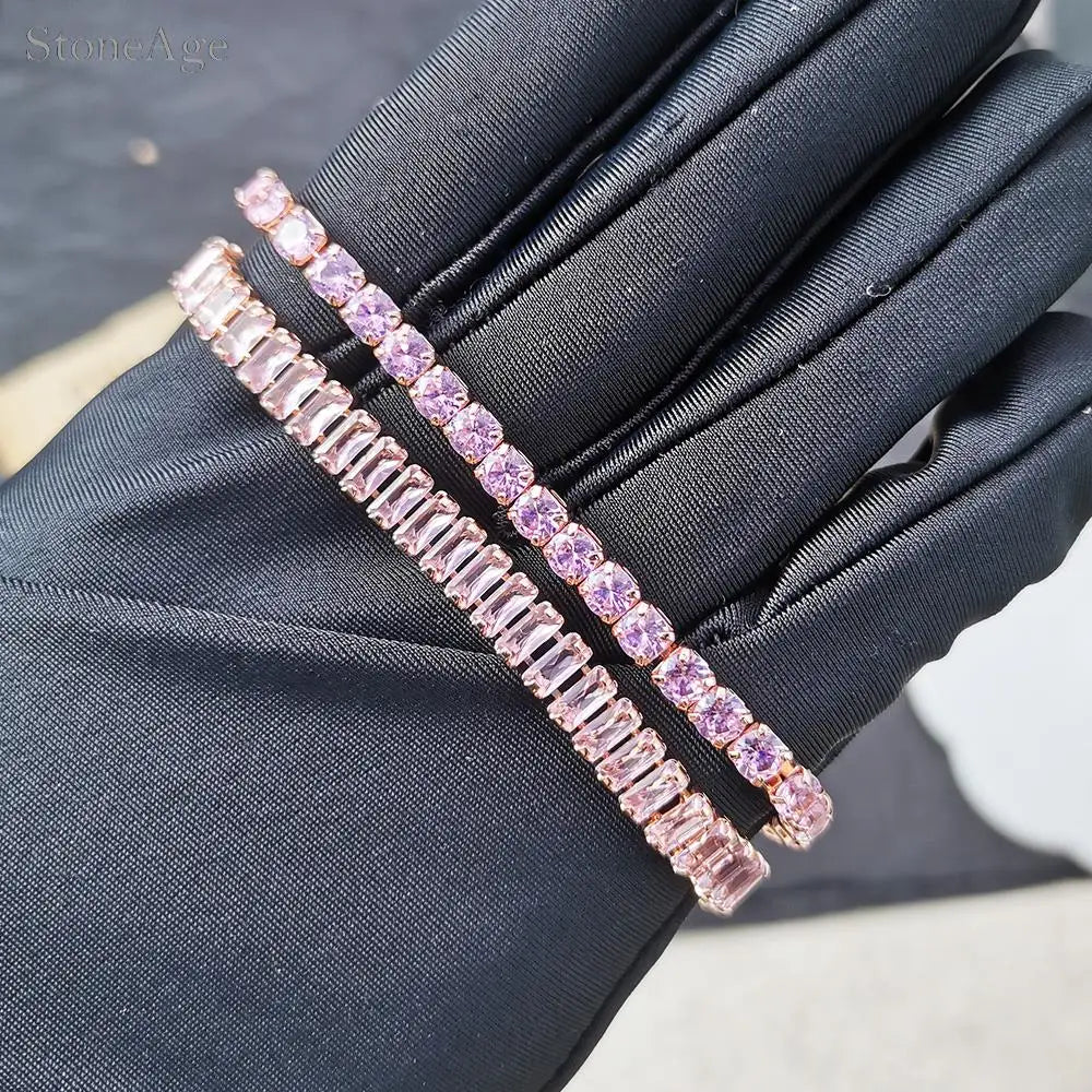 Platinum Pink Crystal Tennis Bracelet – Adjustable Zirconia Chain