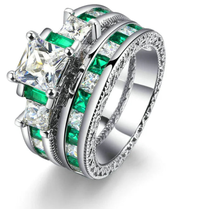 Luxury 2-Piece Ring Set – Silver Color Square Green Cubic Zirconia Rings