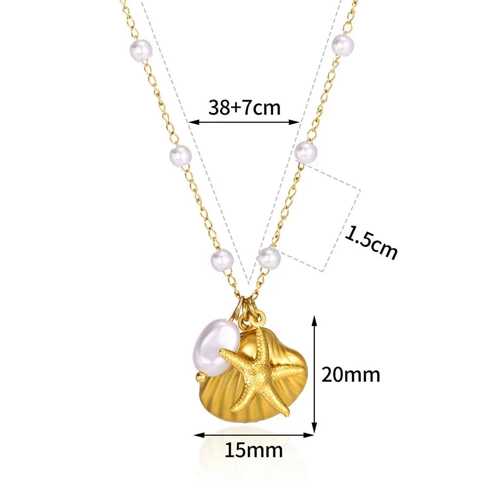 Coastal Charm Necklace – 14K Gold Plated Layers with Starfish, Conch & Pearl Accents