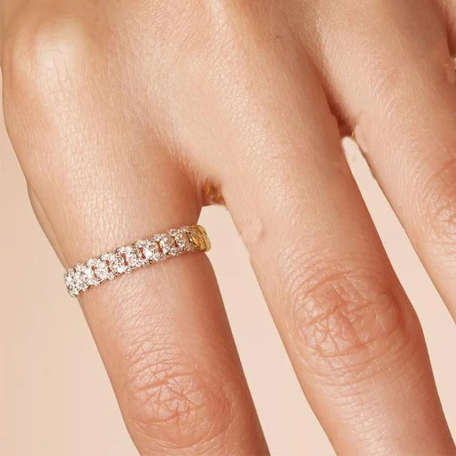 Iced Out Cuban Chain Link Ring – Stacking Gold Color Zircon Ring