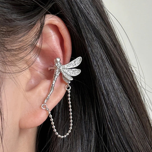 Dragonfly Ear Cuff with Tassel – Silver Color Fake Piercing for Non-Pierced Ears
