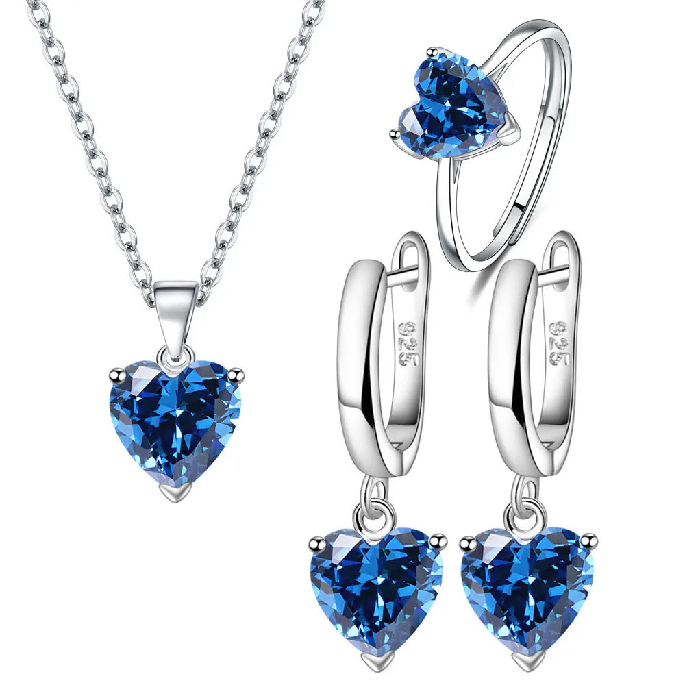 Elegant Heart Zircon Jewelry Set – Sterling Silver Ring, Necklace & Earrings