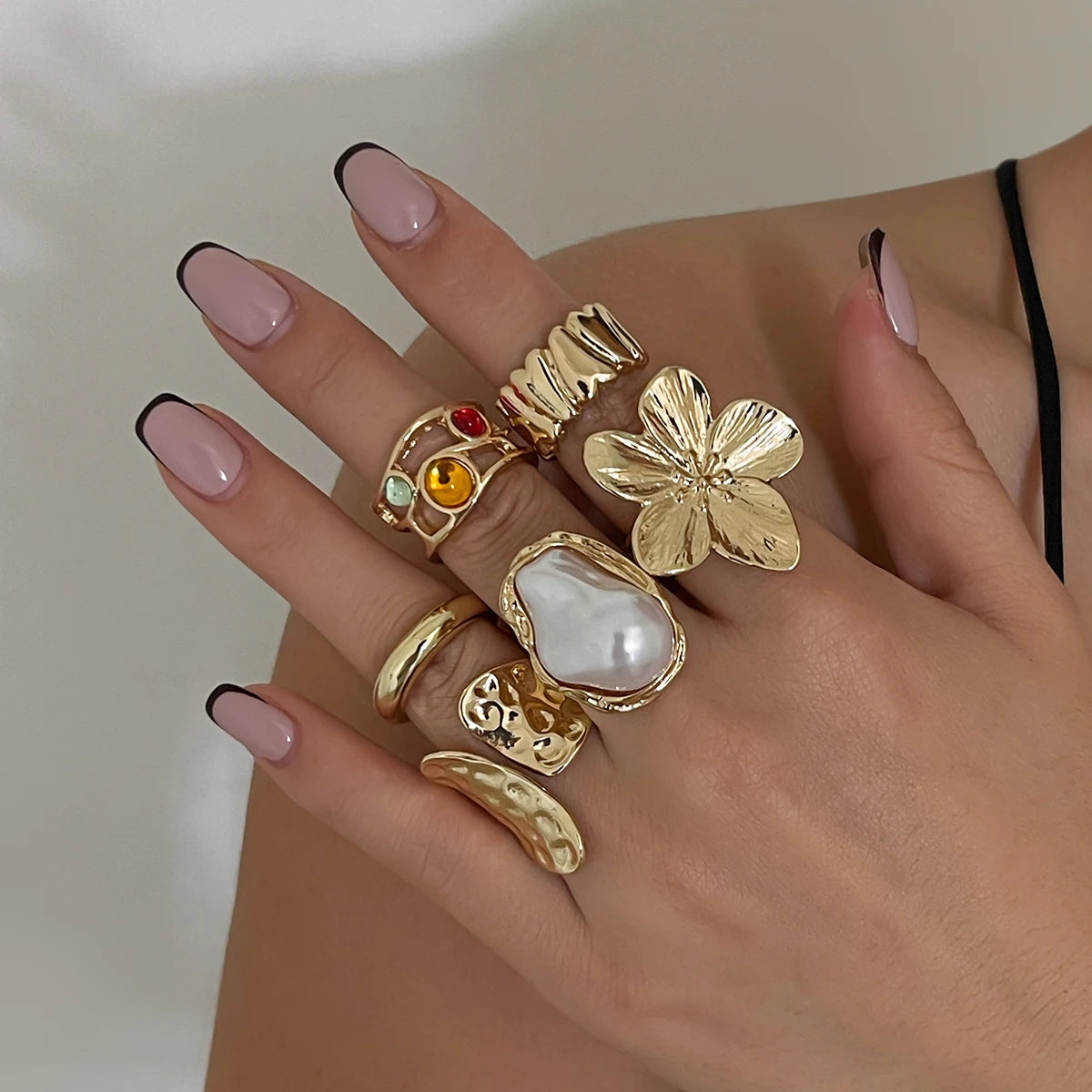Elegant Baroque Pearl & Metal Flower Ring – Irregular Open Design Statement