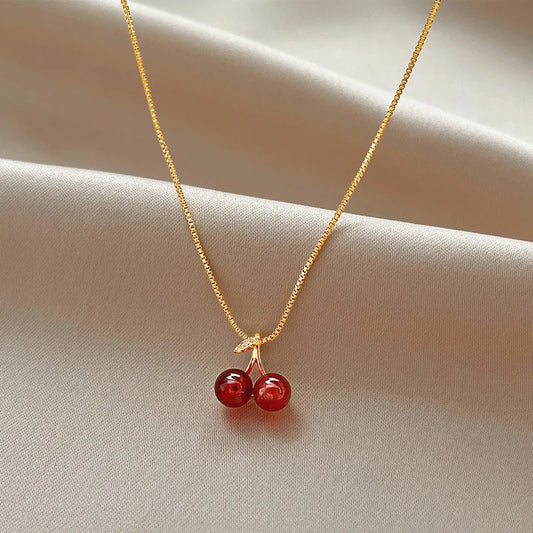 Golden Rouge Cherry Pendant Necklace in Stainless Steel