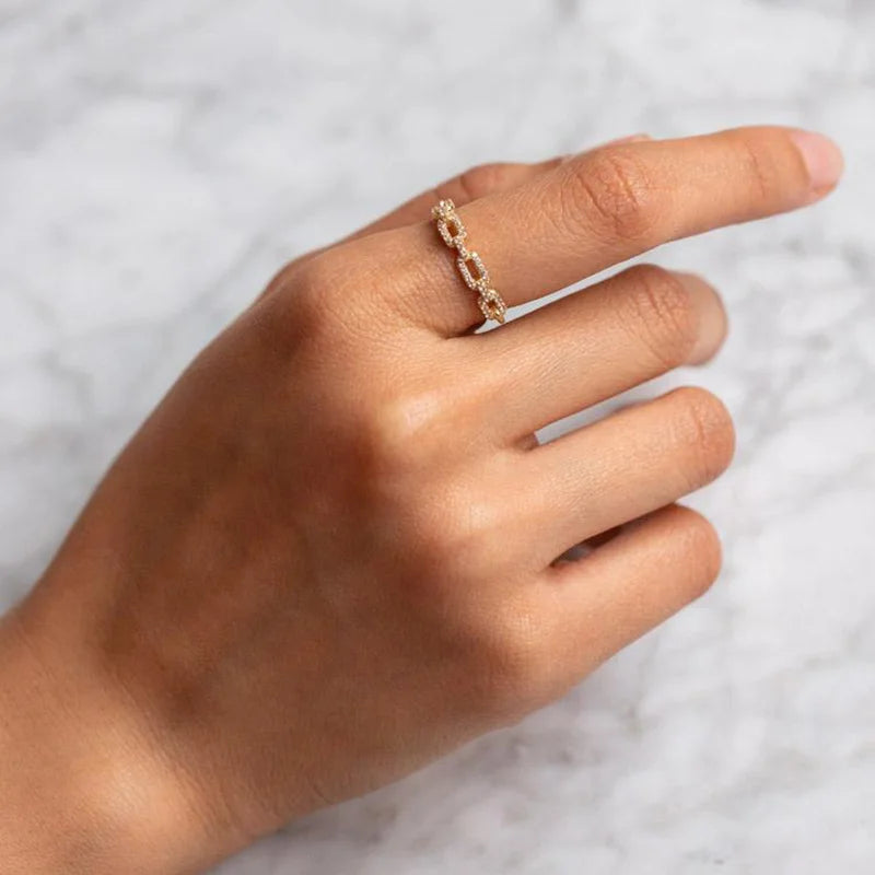 Iced Out Cuban Chain Link Ring – Stacking Gold Color Zircon Ring