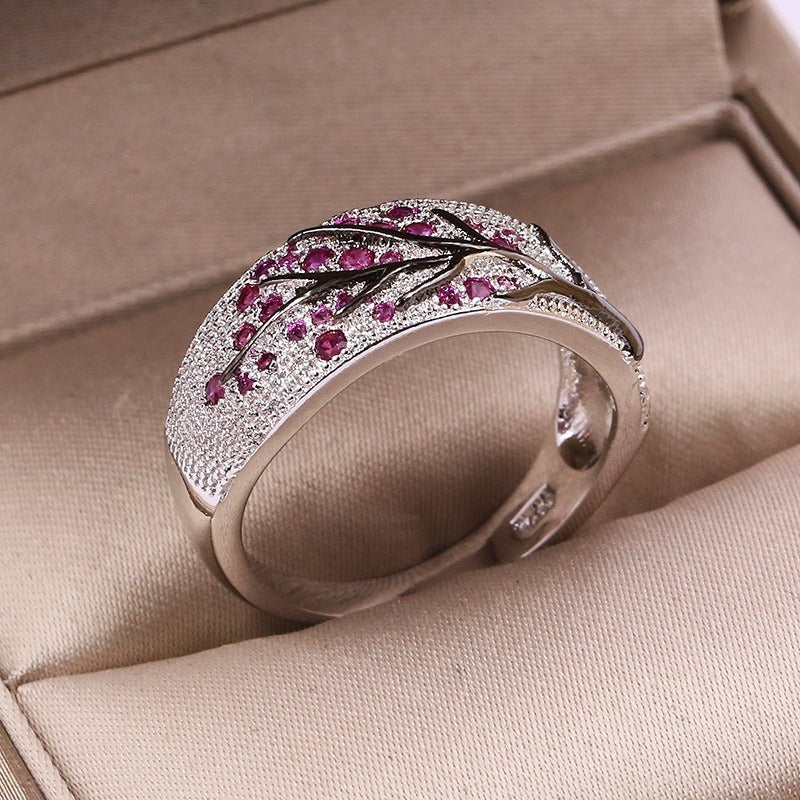 Luxury Plum Blossom Branch Ring – Silver Color with Cubic Zirconia Stones