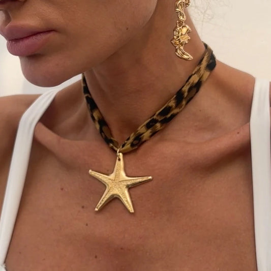 Velvet & Metal Layered Necklace – Conch, Starfish & Heart Charms