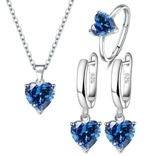 Elegant Heart Zircon Jewelry Set – Sterling Silver Ring, Necklace & Earrings