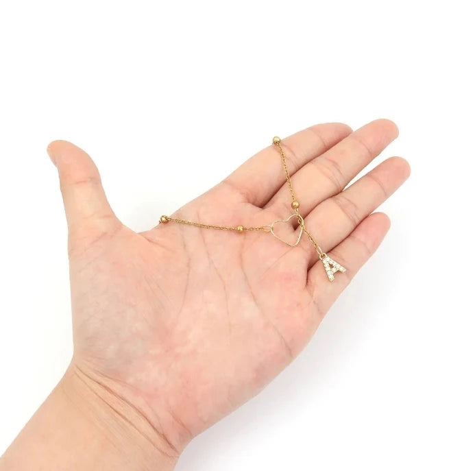 Dainty 14K Gold Plated Lariat Initial Necklace – Custom A–Z Beaded Chain
