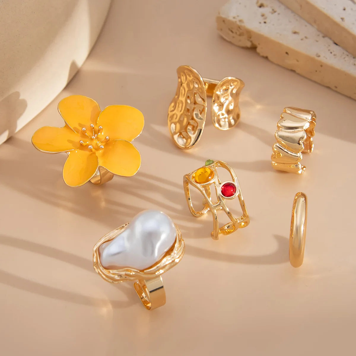 Vintage Baroque Pearl & Flower Ring Set – Gold & Silver Geometric Knuckle and Joint Rings