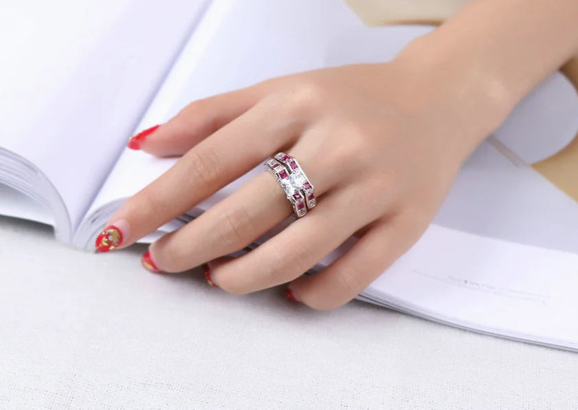 Luxury Square Pink CZ Ring Set – 2-Piece Silver-Tone Cocktail Rings