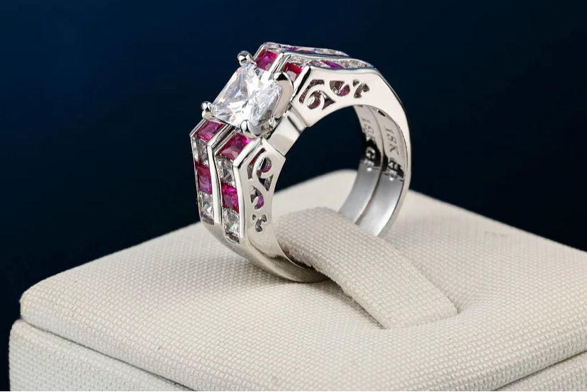 Luxury Square Pink CZ Ring Set – 2-Piece Silver-Tone Cocktail Rings