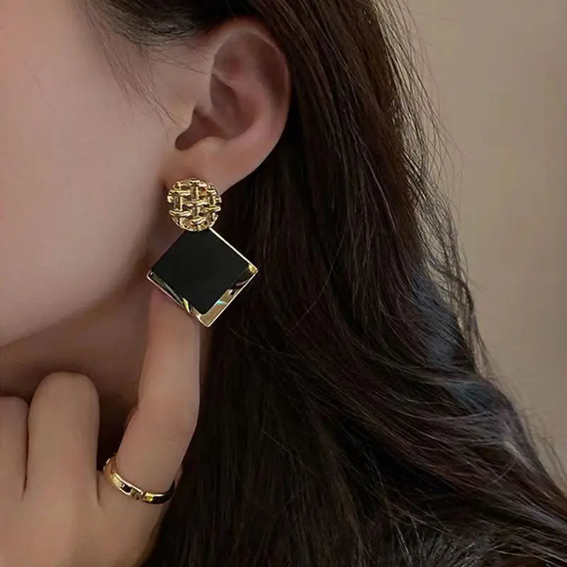 Two Tone Color Rhombus Shape Dangle Earrings