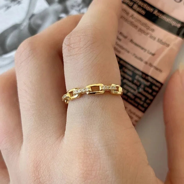 Iced Out Cuban Chain Link Ring – Stacking Gold Color Zircon Ring