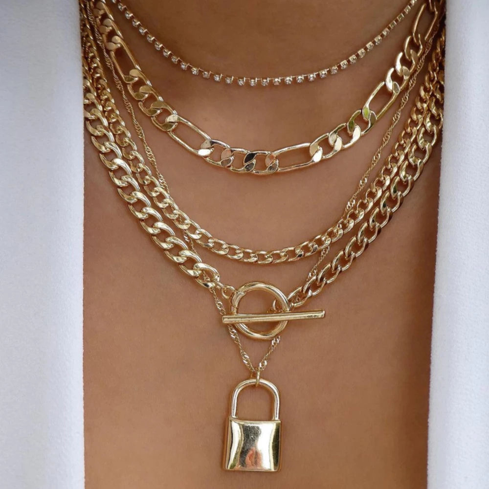 Vintage Gold Stacking Necklace – Multi-Layer Crystal Pendants