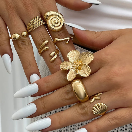 Bohemian Gold & Silver Starfish Flower Knuckle 8 Rings – Vintage Beach Style Set