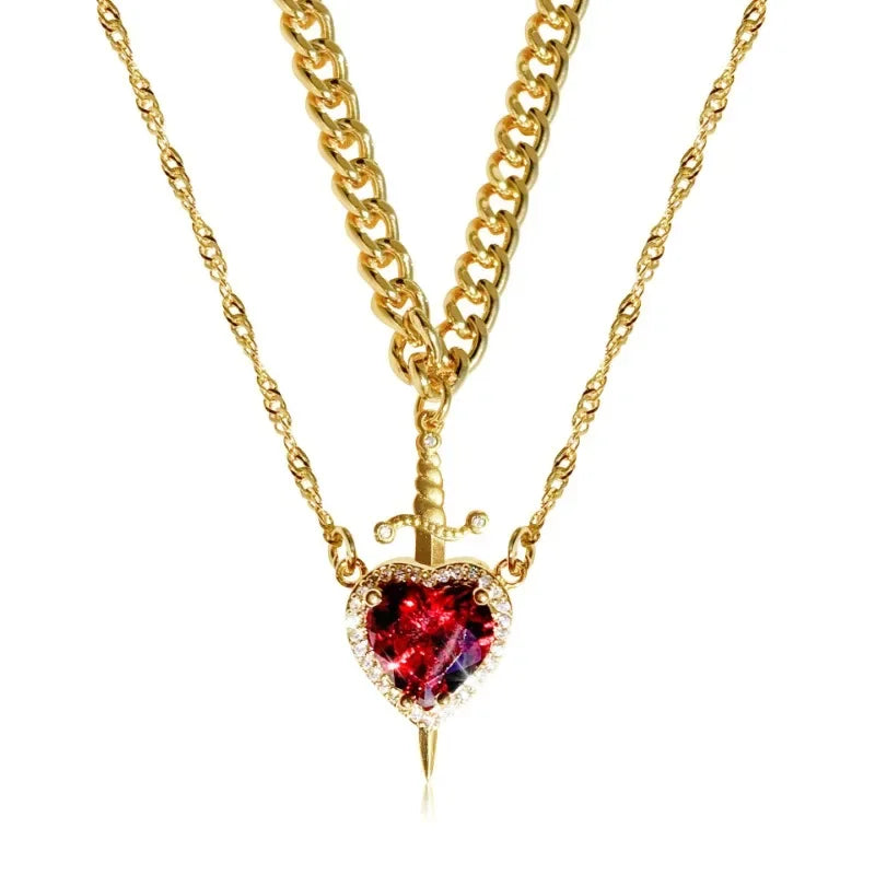 Heart & Sword Couple Necklace Set – 18K Gold Plated Stainless Steel Jewelry with Zircon Crystals