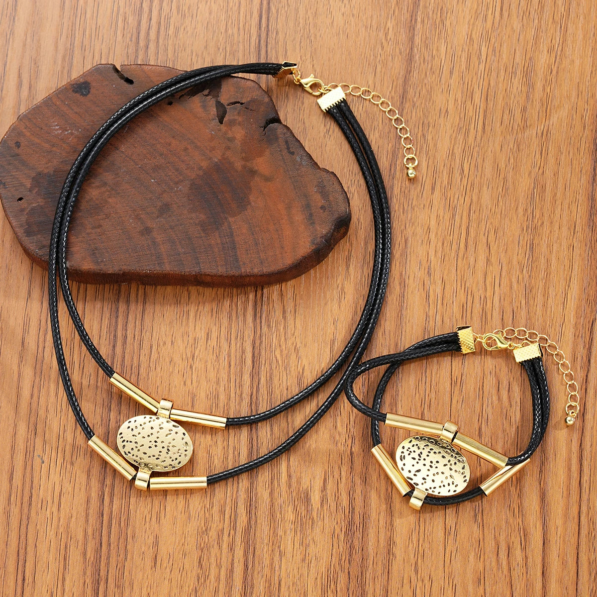 The Verona Set – Vintage Oval Chain & Faux Leather Necklace & Bracelet Duo