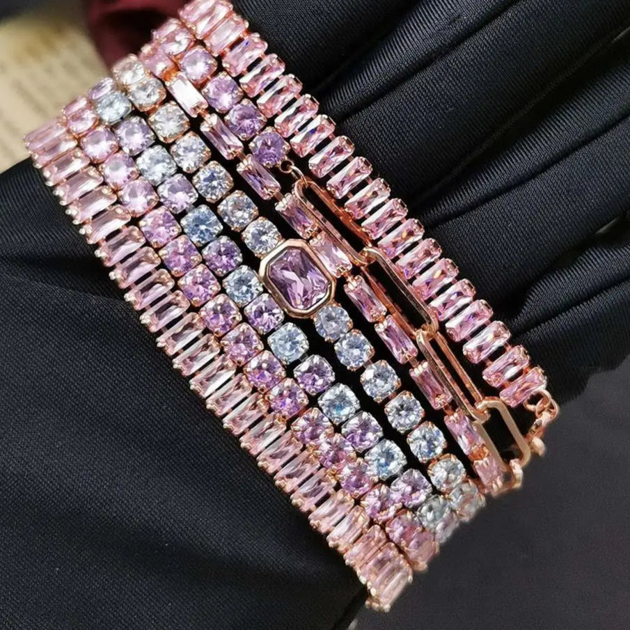 Platinum Pink Crystal Tennis Bracelet – Adjustable Zirconia Chain