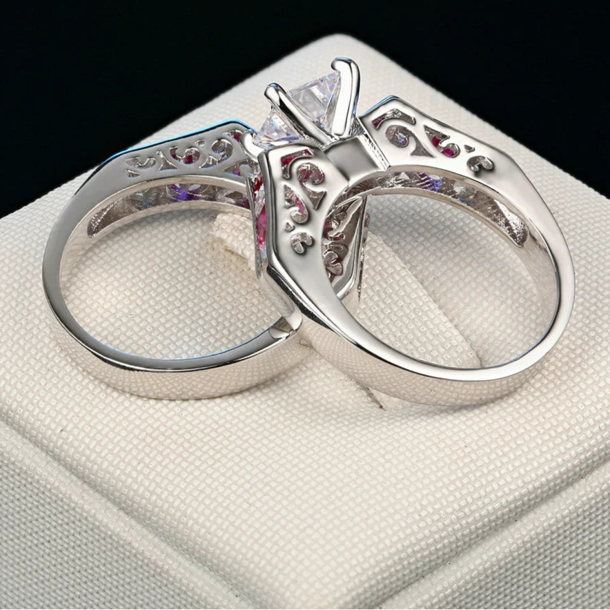 Luxury Square Pink CZ Ring Set – 2-Piece Silver-Tone Cocktail Rings