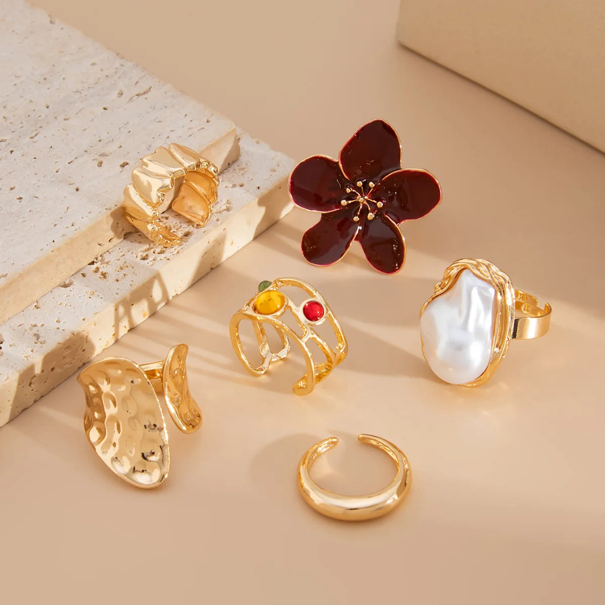 Vintage Baroque Pearl & Flower Ring Set – Gold & Silver Geometric Knuckle and Joint Rings