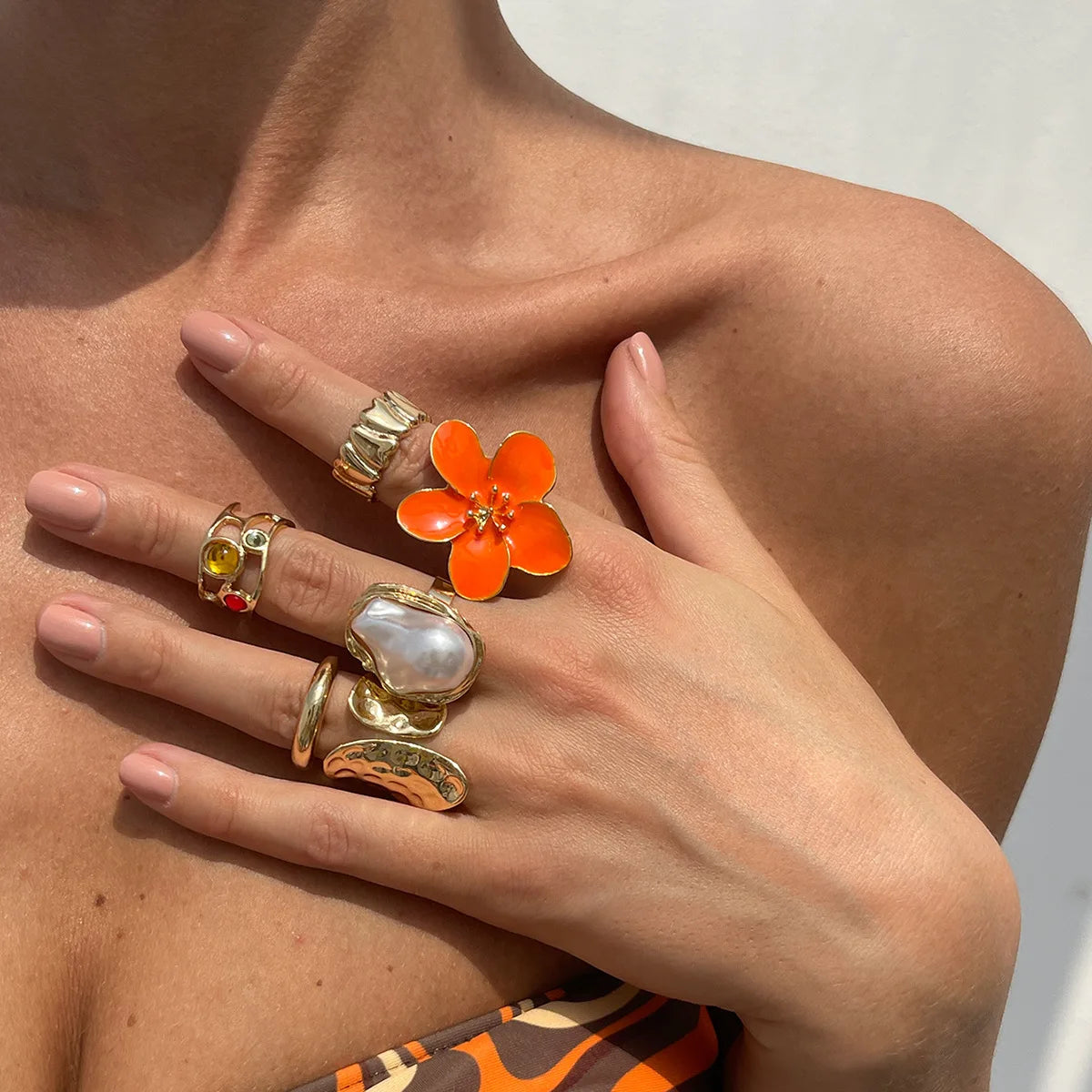 Vintage Baroque Pearl & Flower Ring Set – Gold & Silver Geometric Knuckle and Joint Rings
