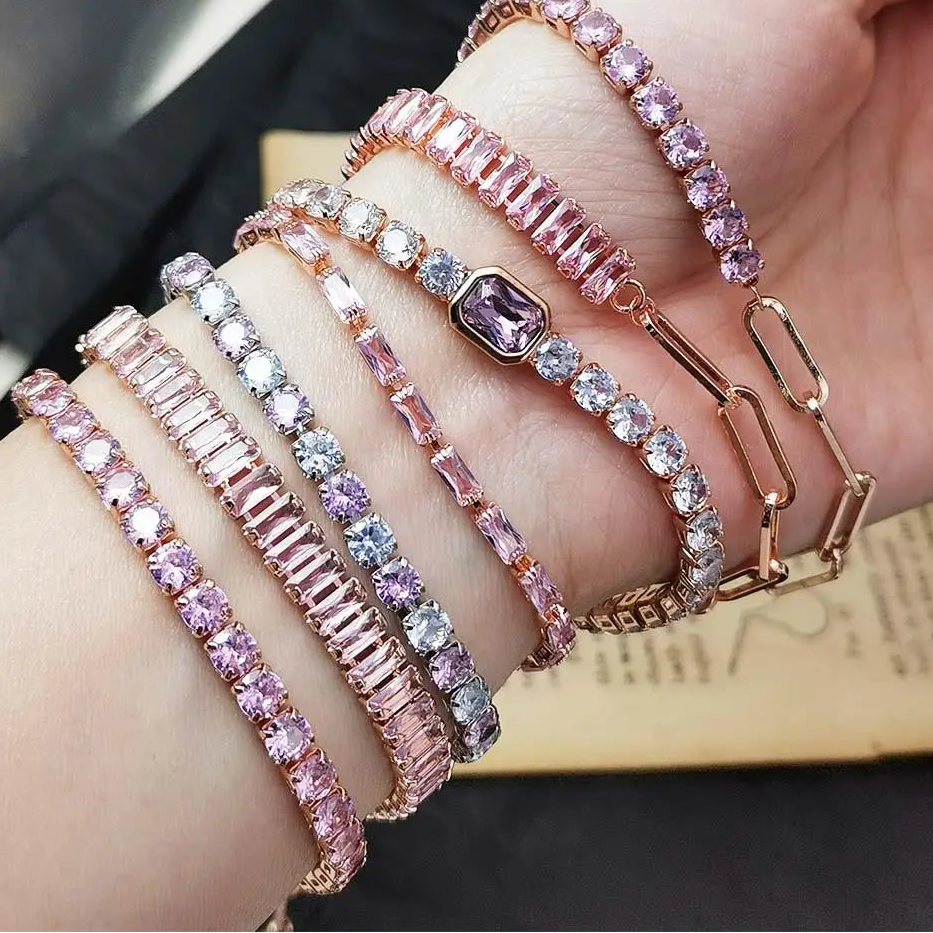 Platinum Pink Crystal Tennis Bracelet – Adjustable Zirconia Chain