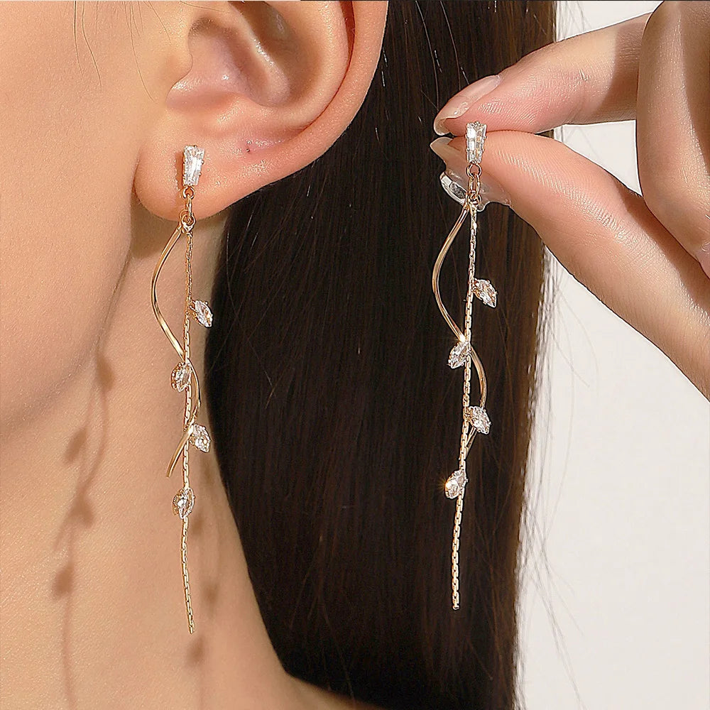 Korean Luxury Tassel Earrings – Twisted Zircon Dangle Design in Gold-Tone Finish