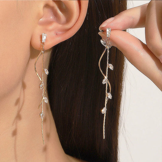 Korean Luxury Tassel Earrings – Twisted Zircon Dangle Design in Gold-Tone Finish