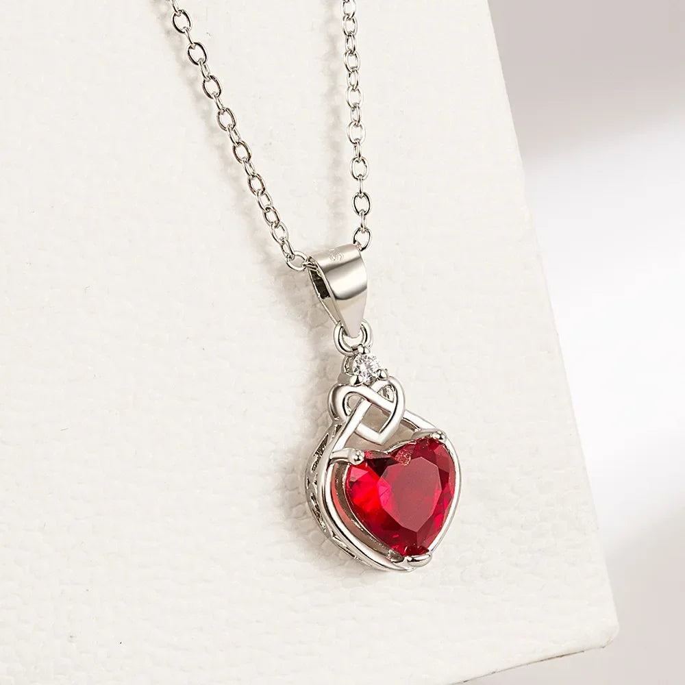 Red Heart Zircon Jewelry Set – Elegant Silver Ring, Earrings & Necklace