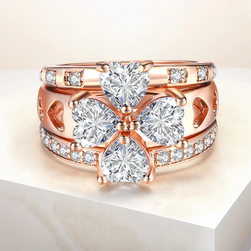 3-Piece Rose Gold Stacking Ring Set – Heart & Flower Crystal Rings for Women