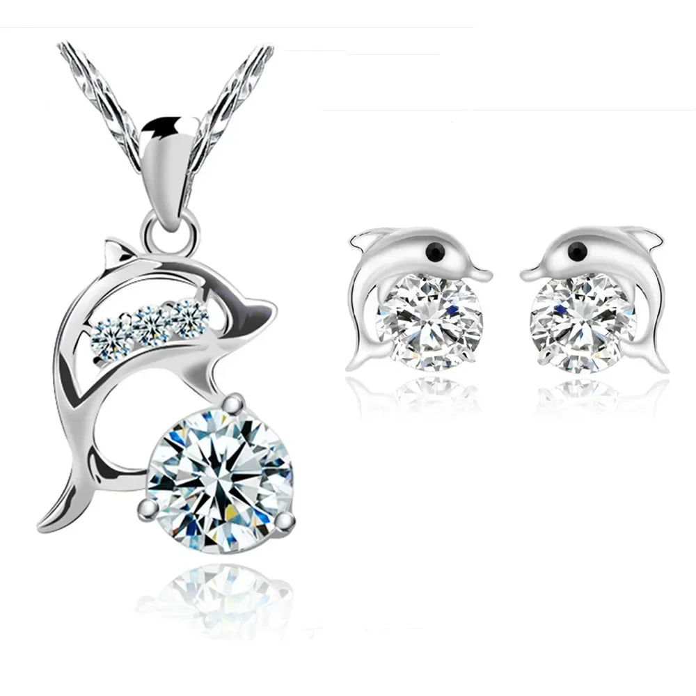 Premium Elegant Sakura Dolphin Jewelry Set in 925 Sterling Silver with Zircon – Necklace & Earrings Set
