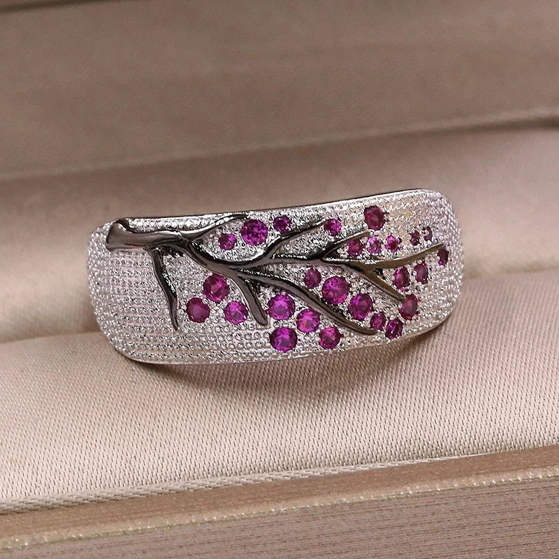Luxury Plum Blossom Branch Ring – Silver Color with Cubic Zirconia Stones