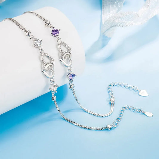 Sterling Silver Heart Charm Bracelet – Inlaid with Natural Amethyst & Zircon