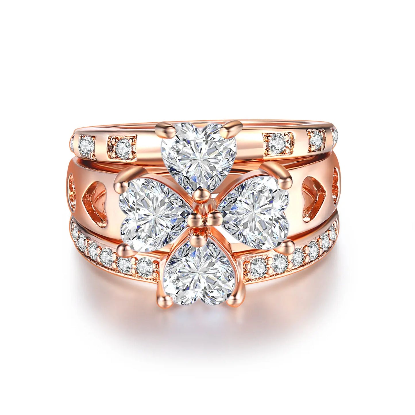 3-Piece Rose Gold Stacking Ring Set – Heart & Flower Crystal Rings for Women