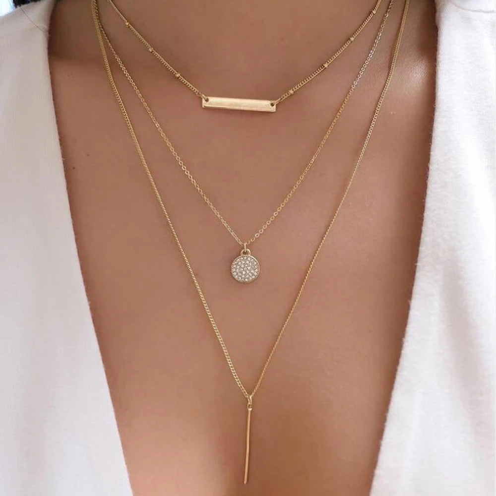 Vintage Gold Stacking Necklace – Multi-Layer Crystal Pendants