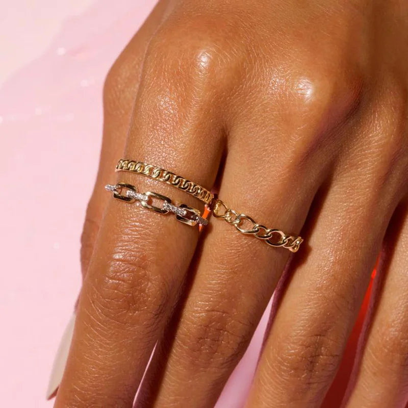 Iced Out Cuban Chain Link Ring – Stacking Gold Color Zircon Ring