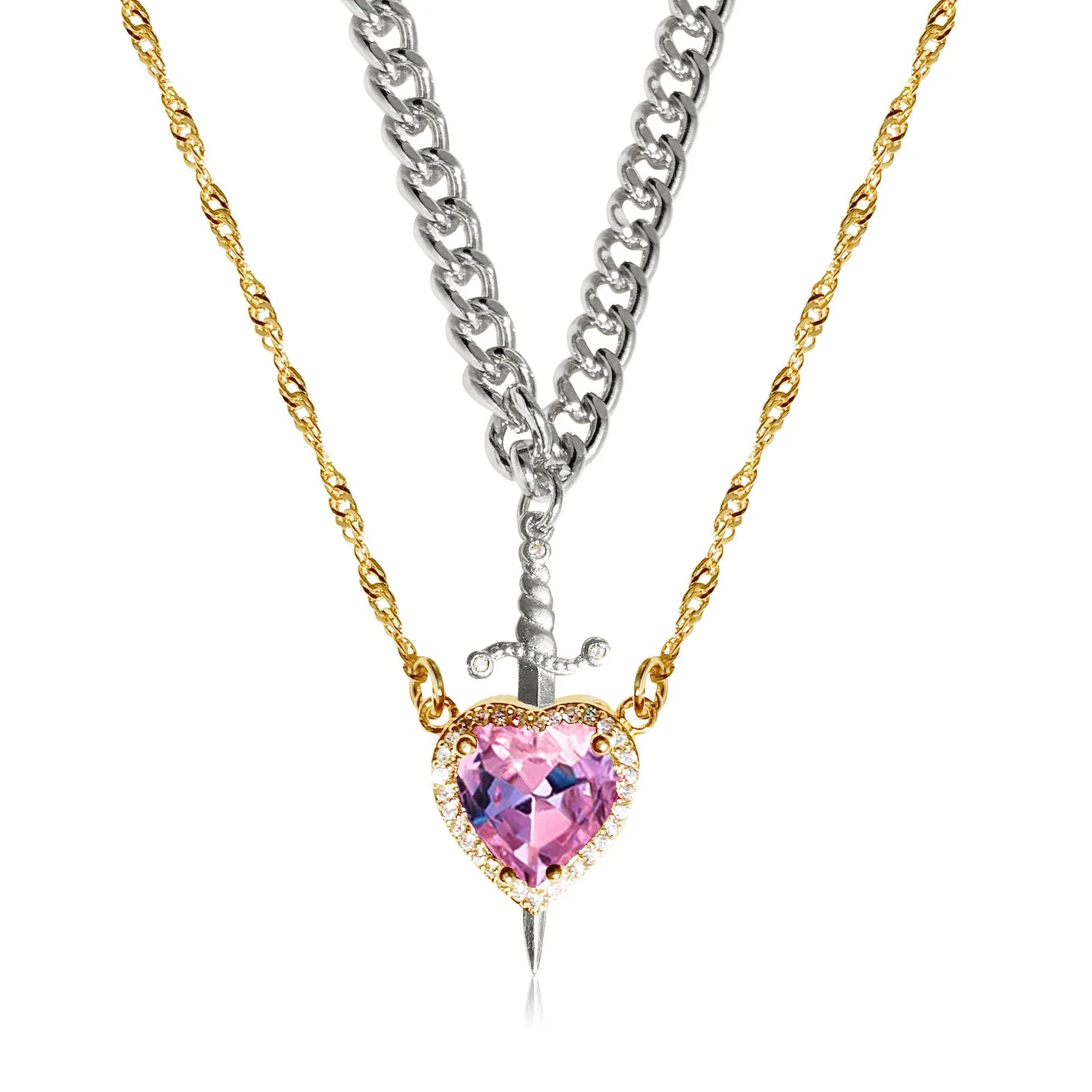 Heart & Sword Couple Necklace Set – 18K Gold Plated Stainless Steel Jewelry with Zircon Crystals