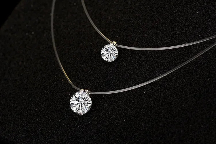 Sterling Silver Floating Necklace – Transparent Chain with Diamond-Like Zircon Pendant