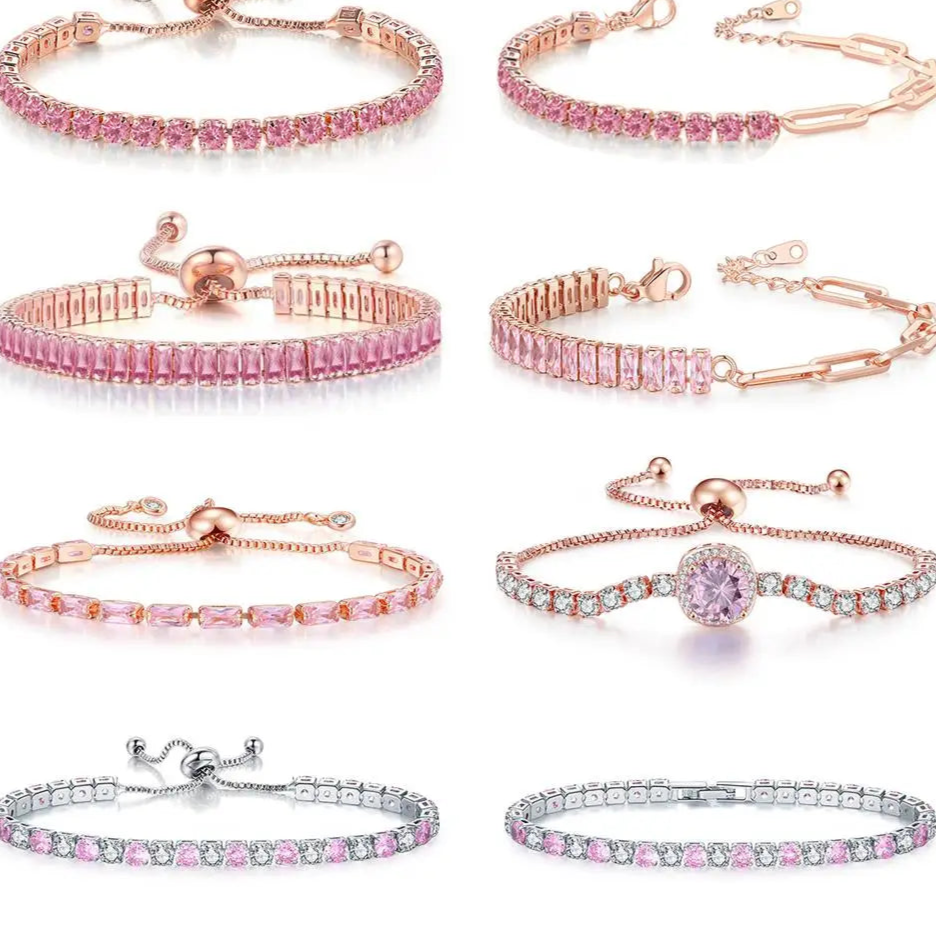 Platinum Pink Crystal Tennis Bracelet – Adjustable Zirconia Chain