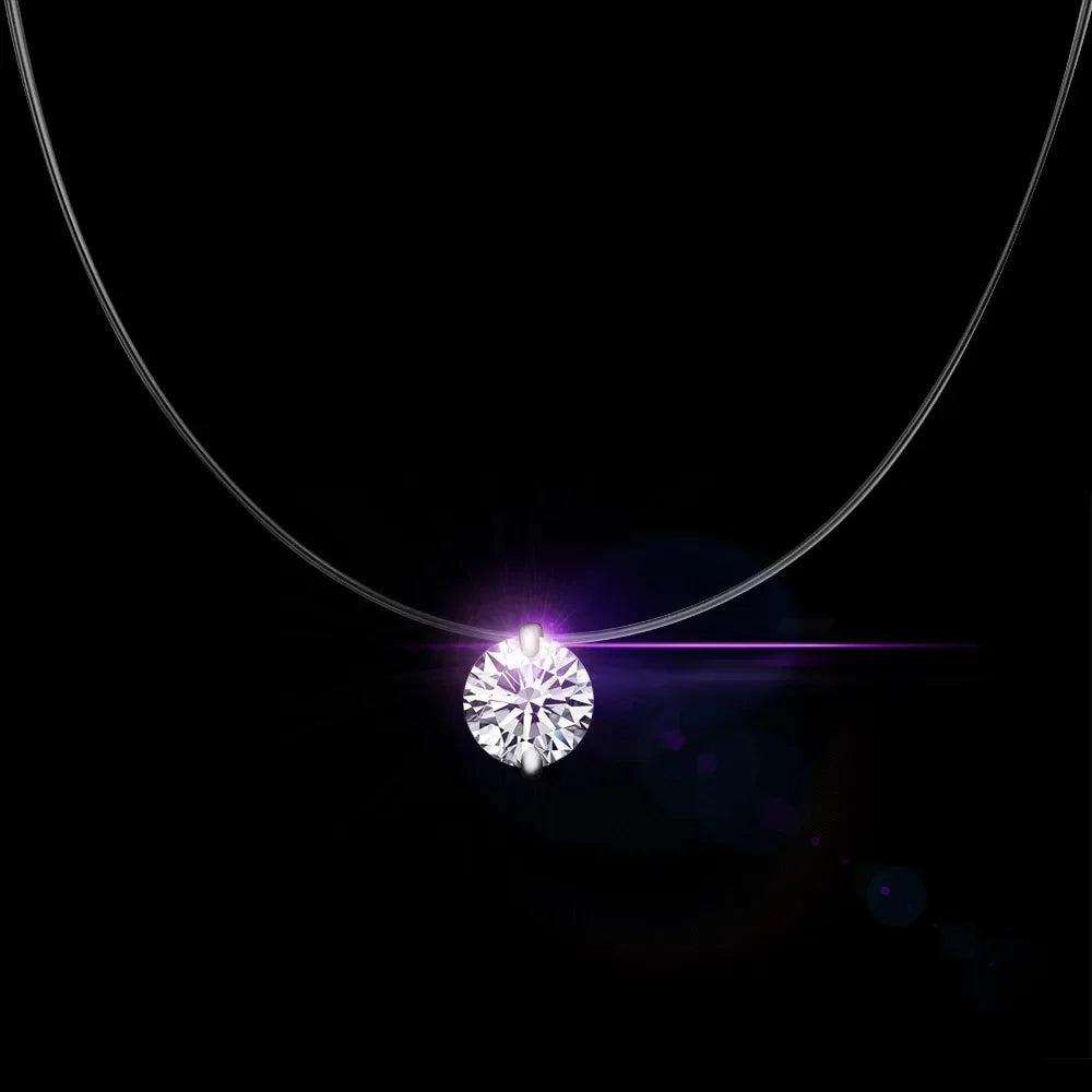 Sterling Silver Floating Necklace – Transparent Chain with Diamond-Like Zircon Pendant