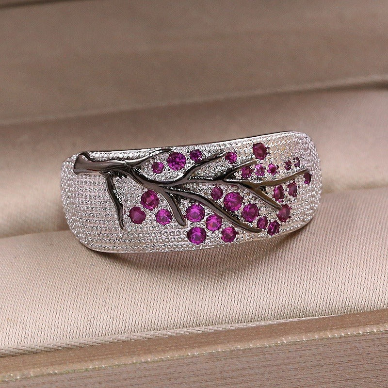 Luxury Plum Blossom Branch Ring – Silver Color with Cubic Zirconia Stones
