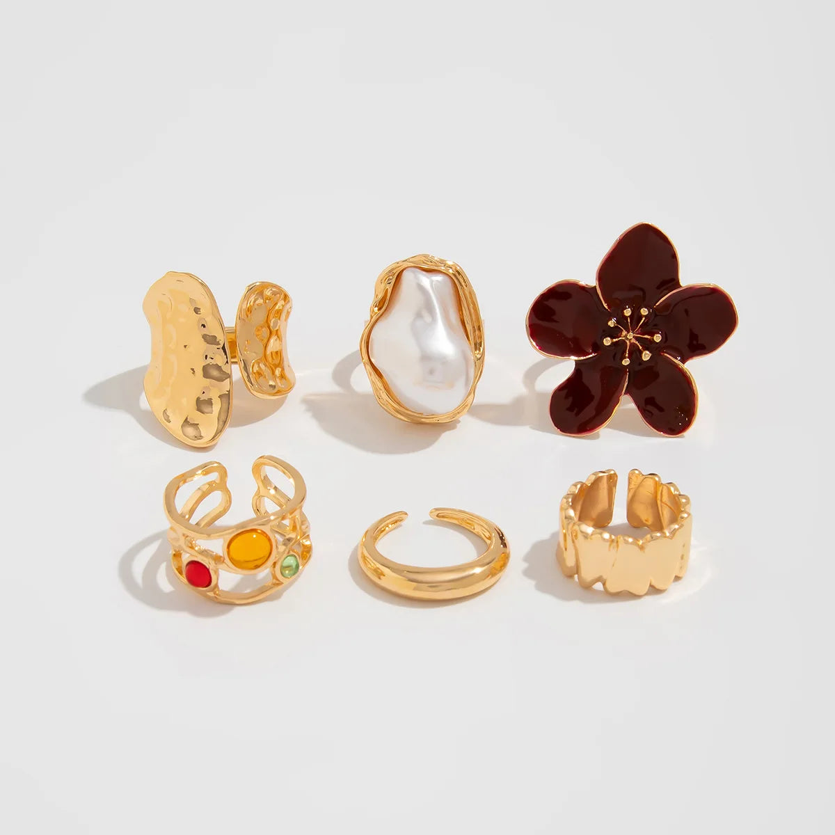 Vintage Baroque Pearl & Flower Ring Set – Gold & Silver Geometric Knuckle and Joint Rings