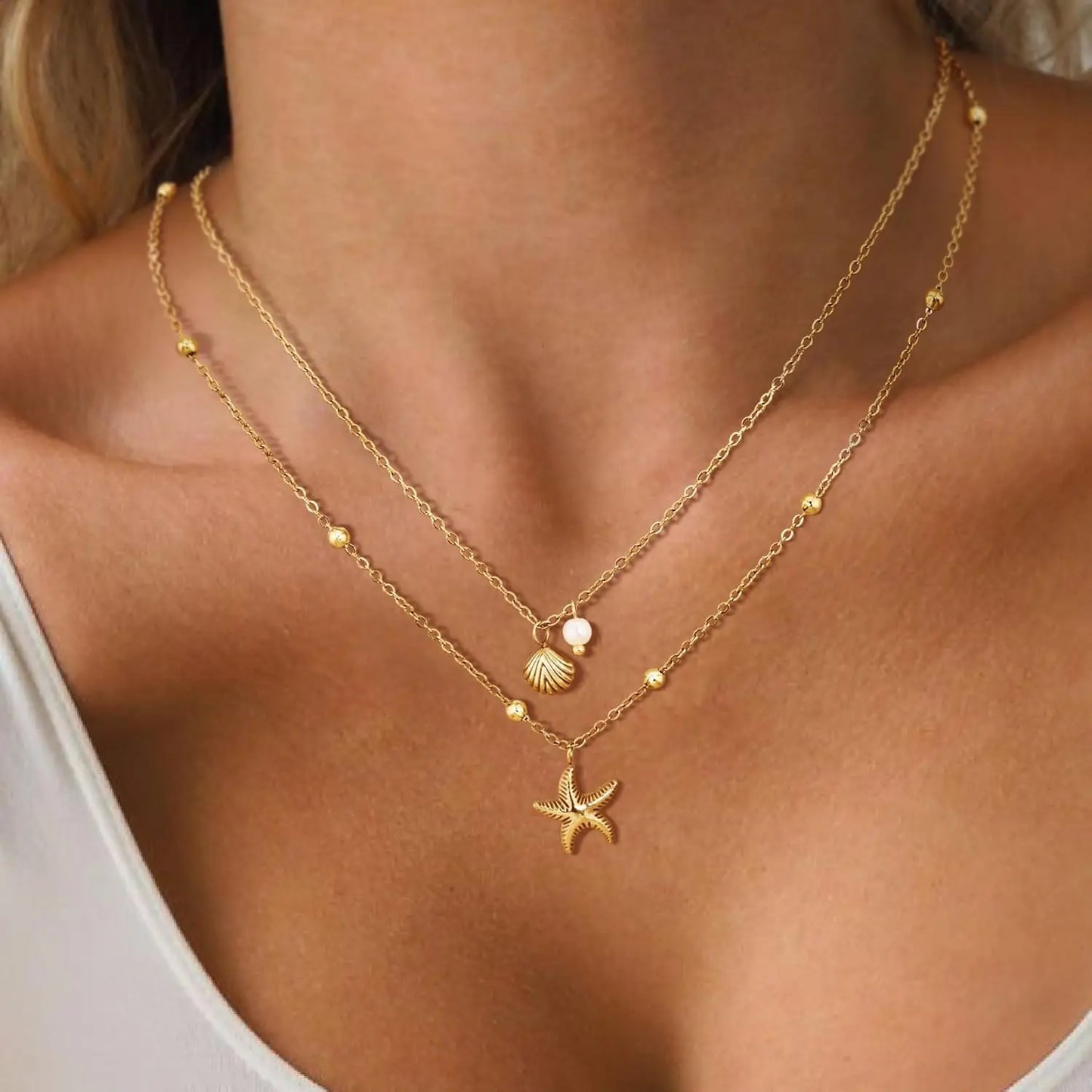 Coastal Charm Necklace – 14K Gold Plated Layers with Starfish, Conch & Pearl Accents