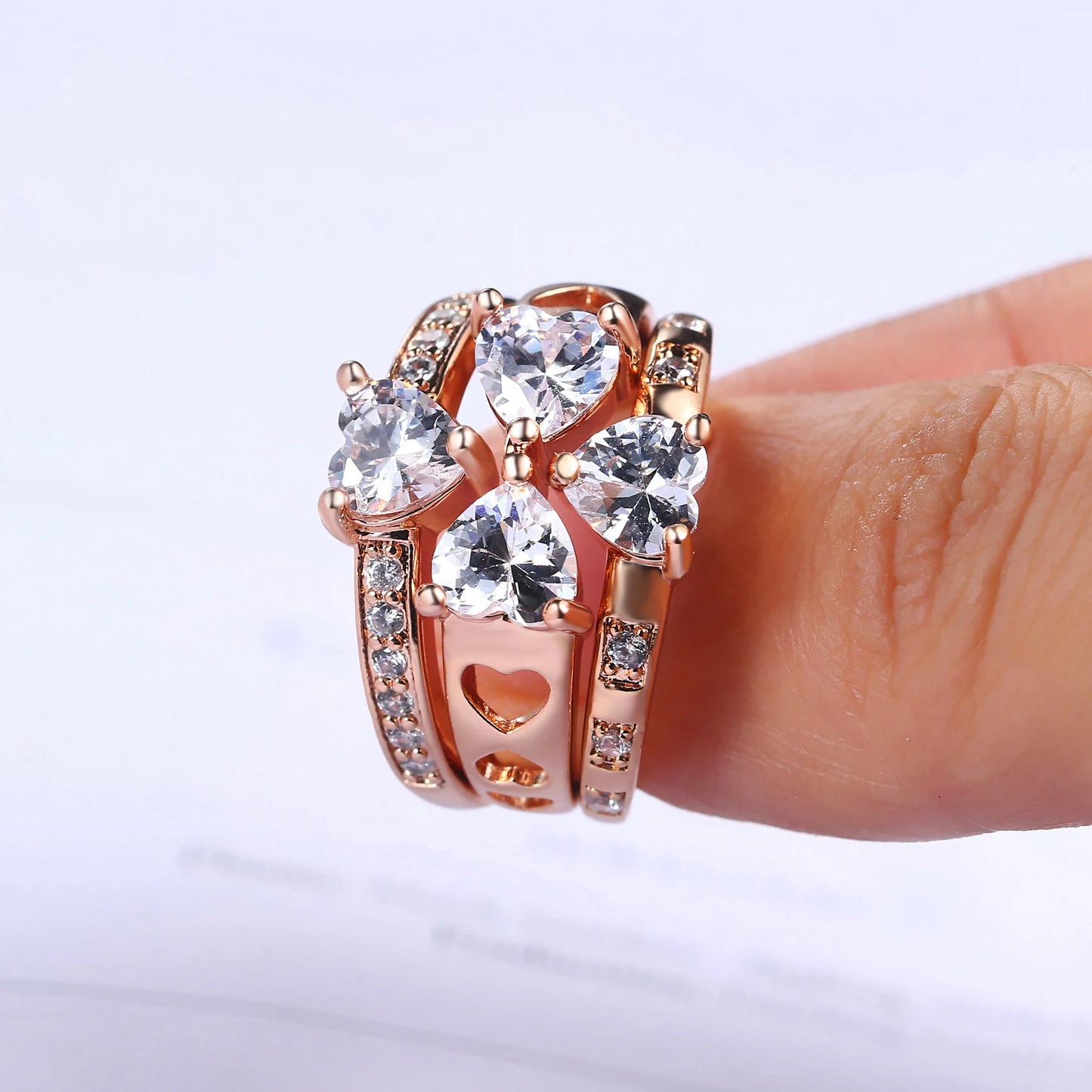 3-Piece Rose Gold Stacking Ring Set – Heart & Flower Crystal Rings for Women