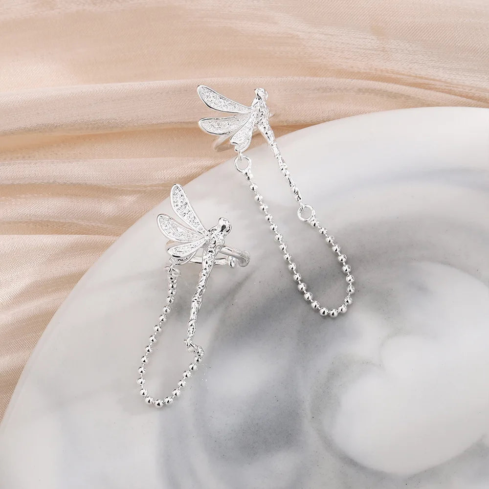 Dragonfly Ear Cuff with Tassel – Silver Color Fake Piercing for Non-Pierced Ears