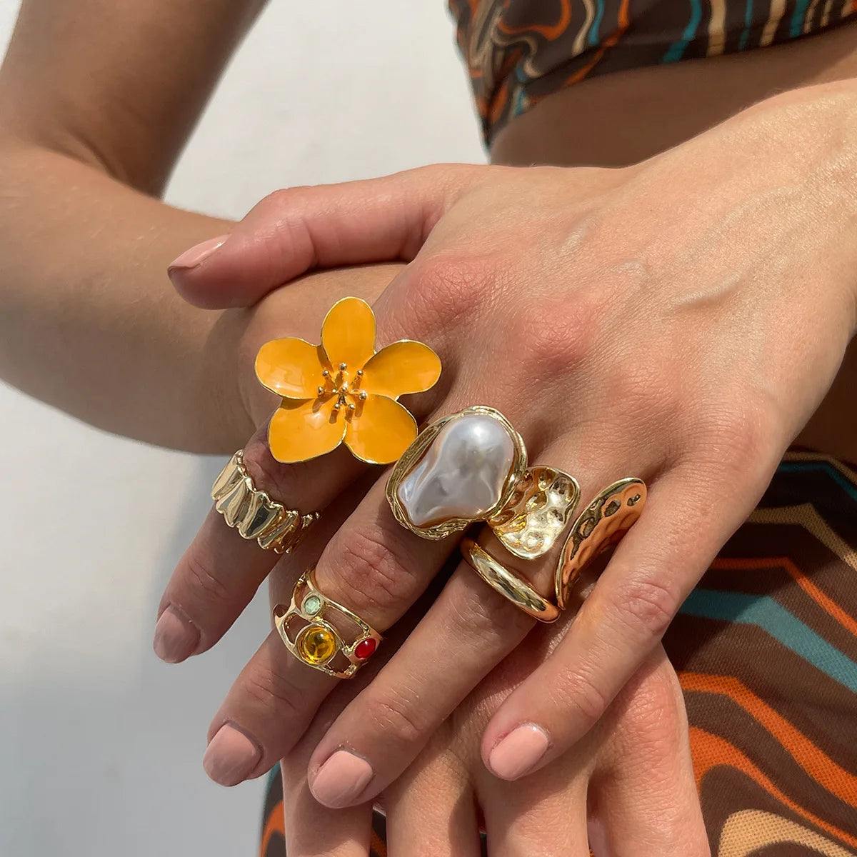 Vintage Baroque Pearl & Flower Ring Set – Gold & Silver Geometric Knuckle and Joint Rings