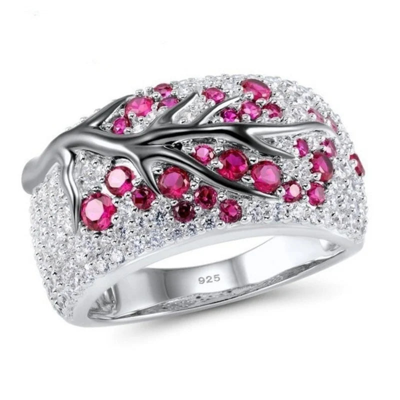 Luxury Plum Blossom Branch Ring – Silver Color with Cubic Zirconia Stones