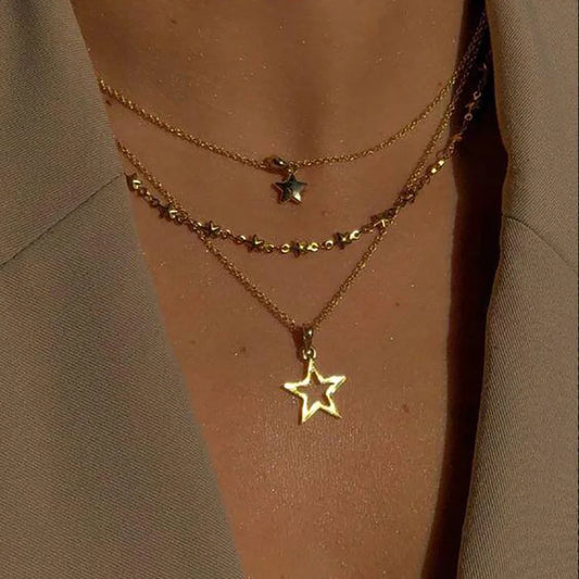 Vintage Gold Hollow Star Necklace Set – clavicle Chains