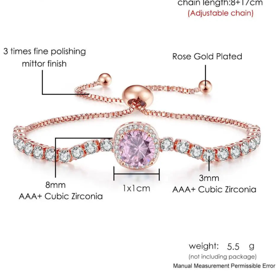 Platinum Pink Crystal Tennis Bracelet – Adjustable Zirconia Chain